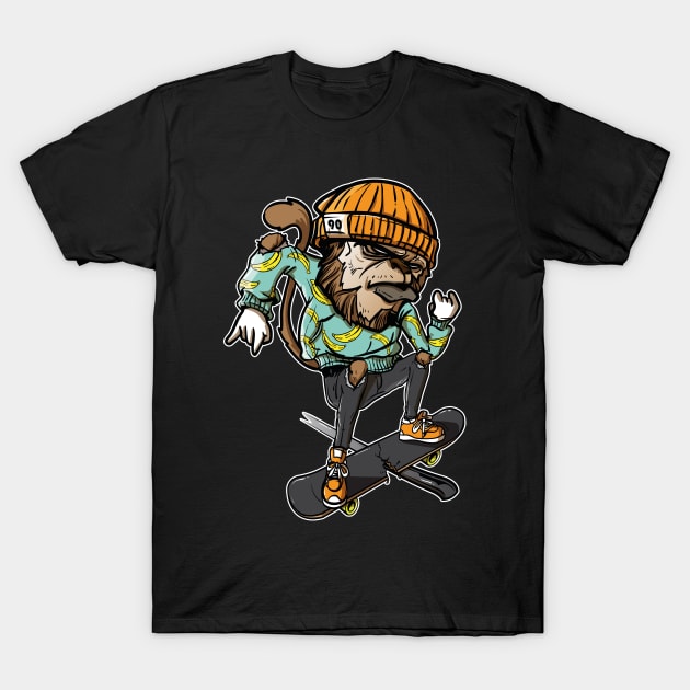 Skateboarding Monkey, Hand Drawn Graffiti Character T-Shirt by PhatStylez